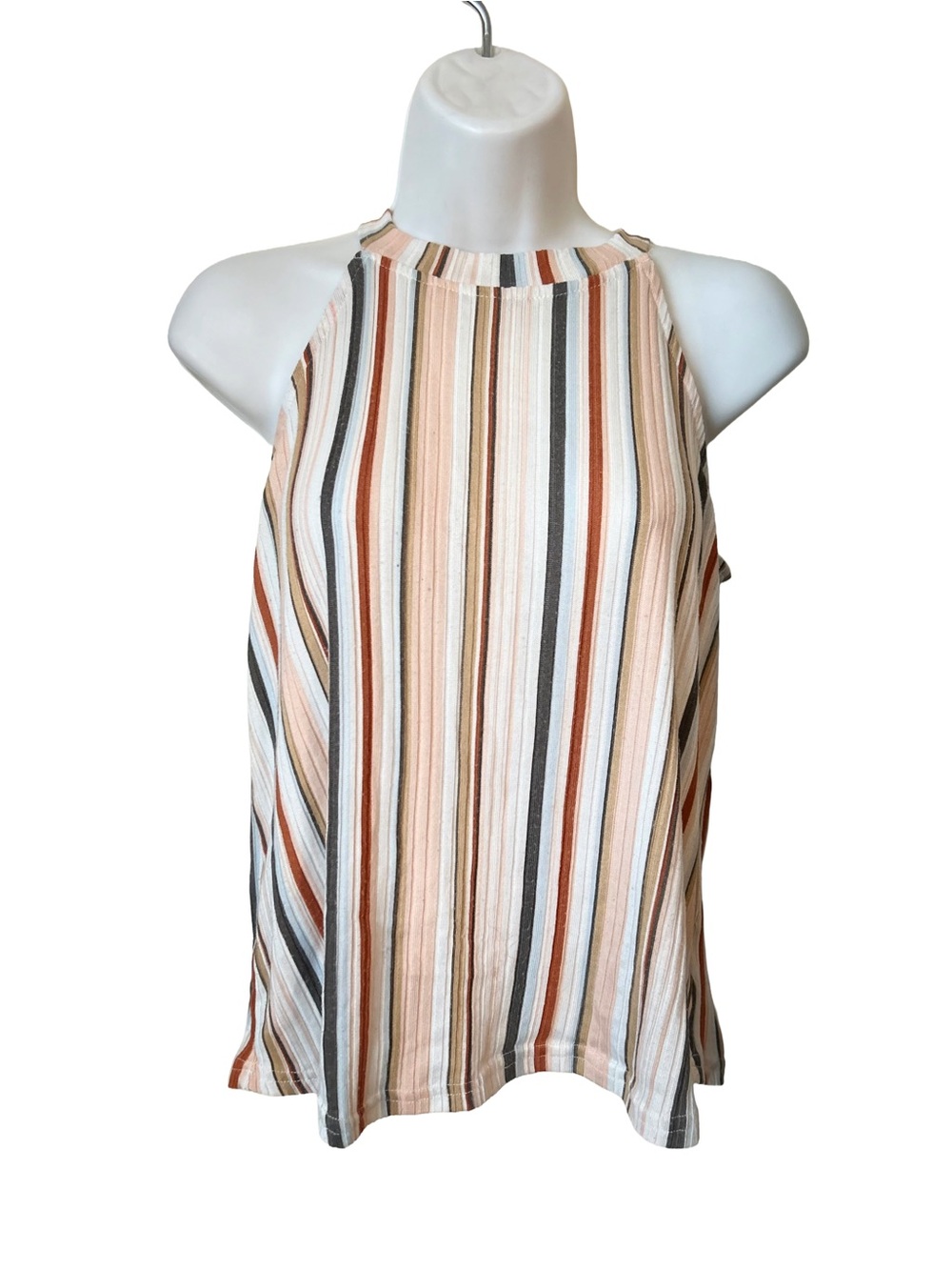 All in Love,Striped Halter Tank Top in Cream, Rust & Gray, Sz M